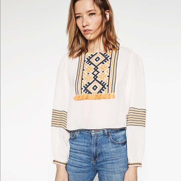 Zara Tops Nwt Zara White Boho Folk Embroidered Blouse Poshmark